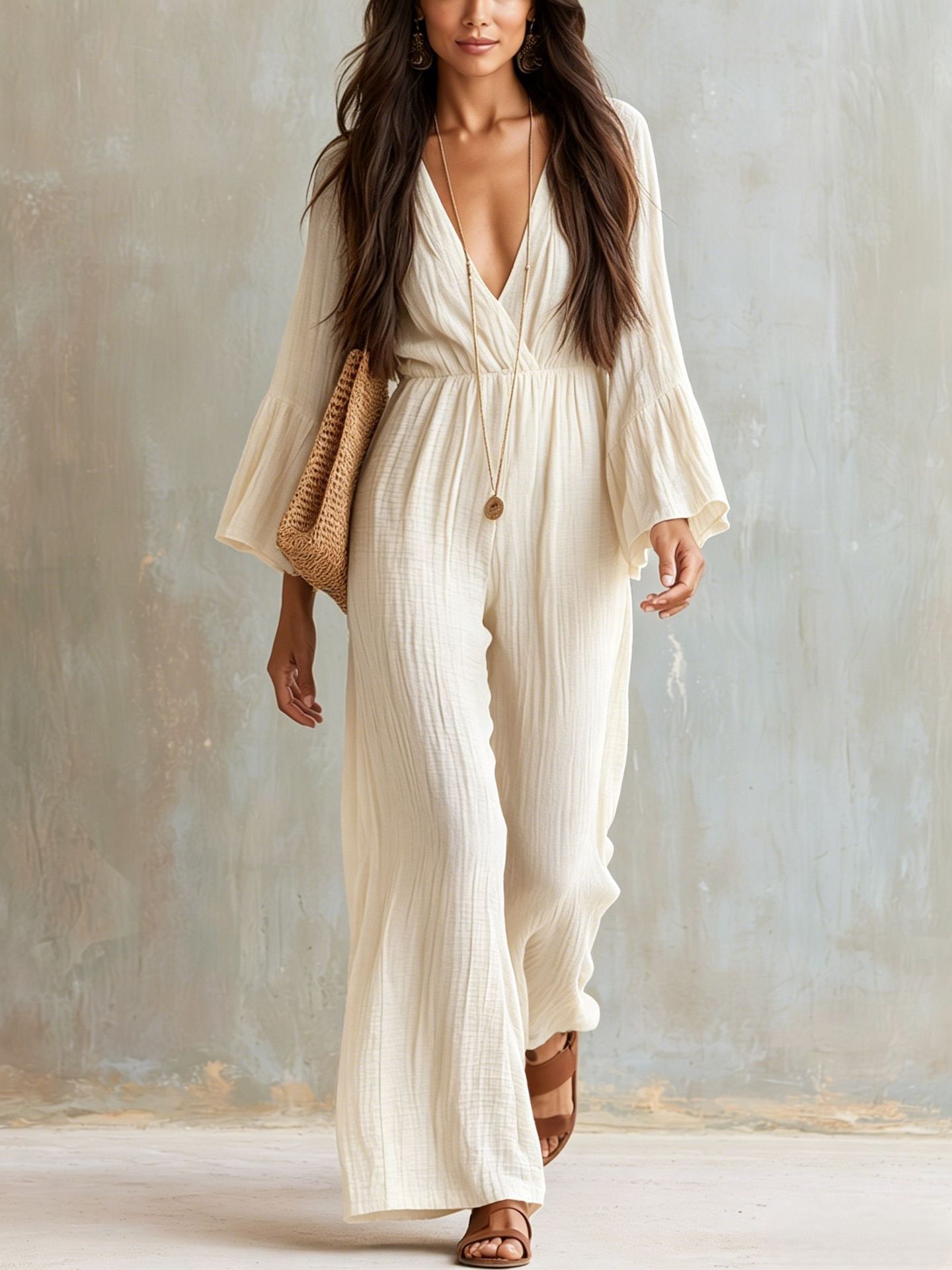 Casual Loose Bohemian V-neck Long Sleeve Cinched