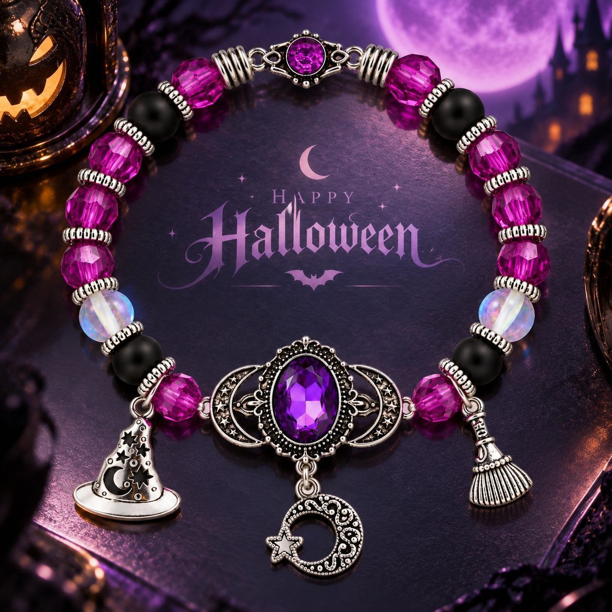Hot Sale New Witch Moon Pendant Bracelet For Women, Vintage Light Luxury Mystical Amethyst Halloween Beaded Bracelet