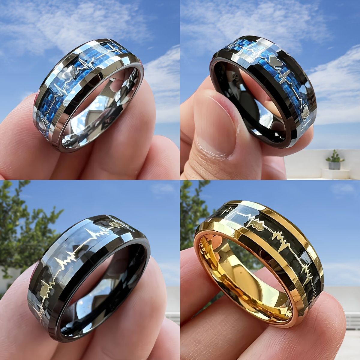 New Fashion 8mm Stainless Steel Ring, Heartbeat Design With Carbon Fiber-Wedding Party Promise Ring