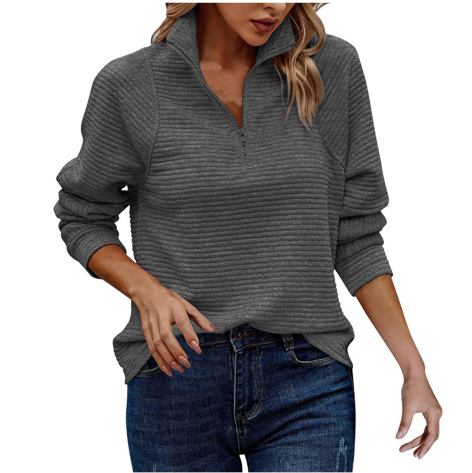 Autumn And Winter New Cross-Border European And American Amazon Comfortable Loose Snake Bone Pattern Solid Color Stand Collar Zipper Sweatshirt — image 10 of 15