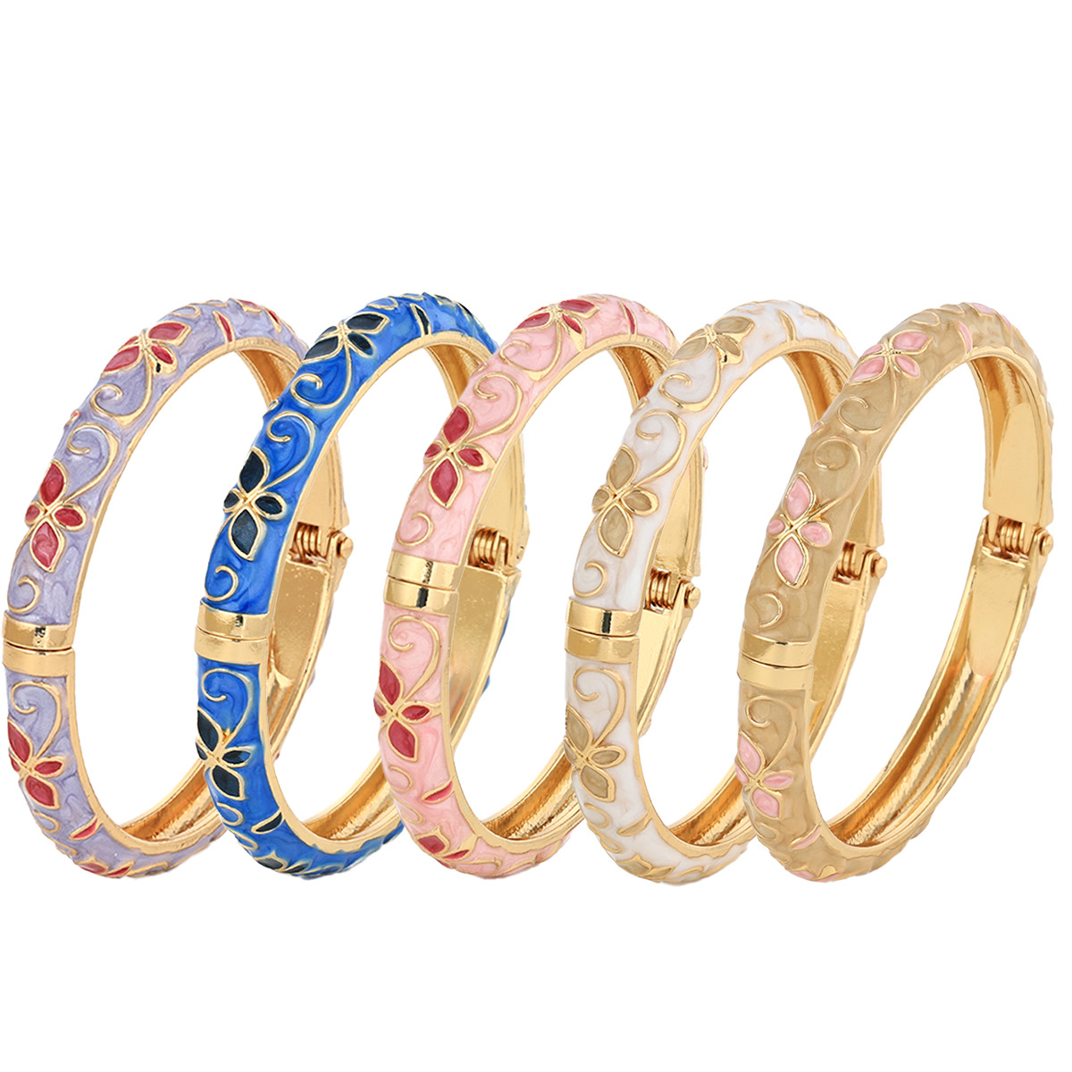 Fresh And Sweet Colorful Enamel Clover Bracelet For Women, Vintage Court Style Five-Leaf Flower Open Stackable Bracelet Jewelry