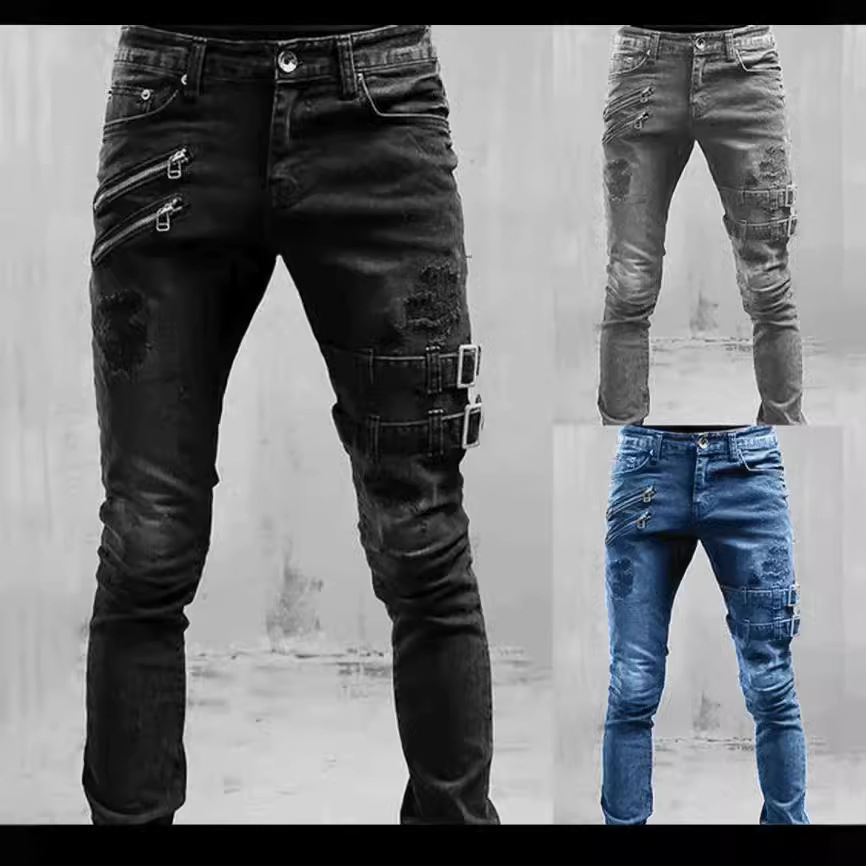 Cross-Border European And American New Style Motorcycle Personality Trendy Amazon Wish Stretch Skinny Jeans