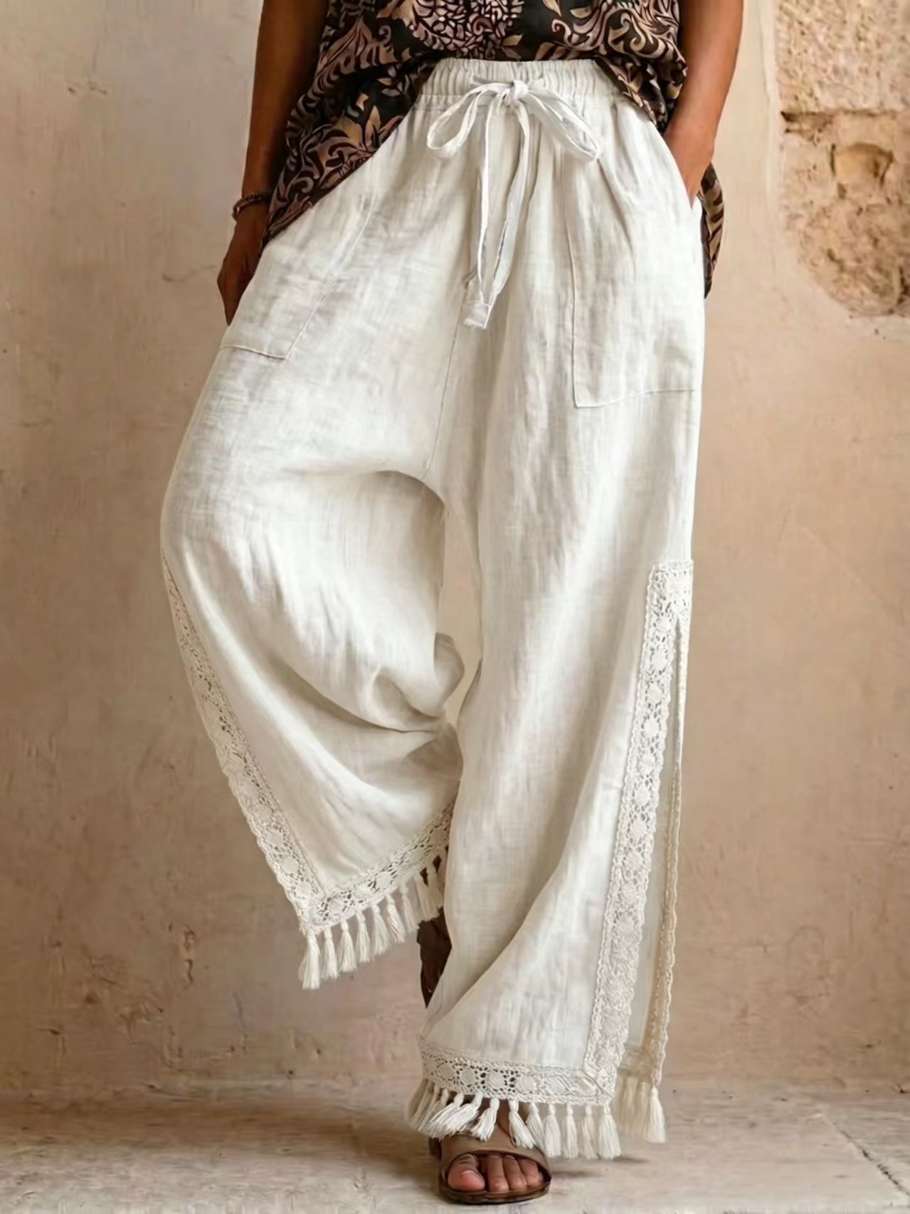Women's lace tassel pants – milky white colorway lifestyle shot