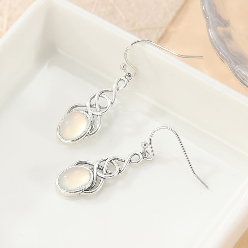 Vintage Celtic Knot Oval Stone Drop Earrings Silver Tone Brass Women Boho Elegant Fashion Jewelry