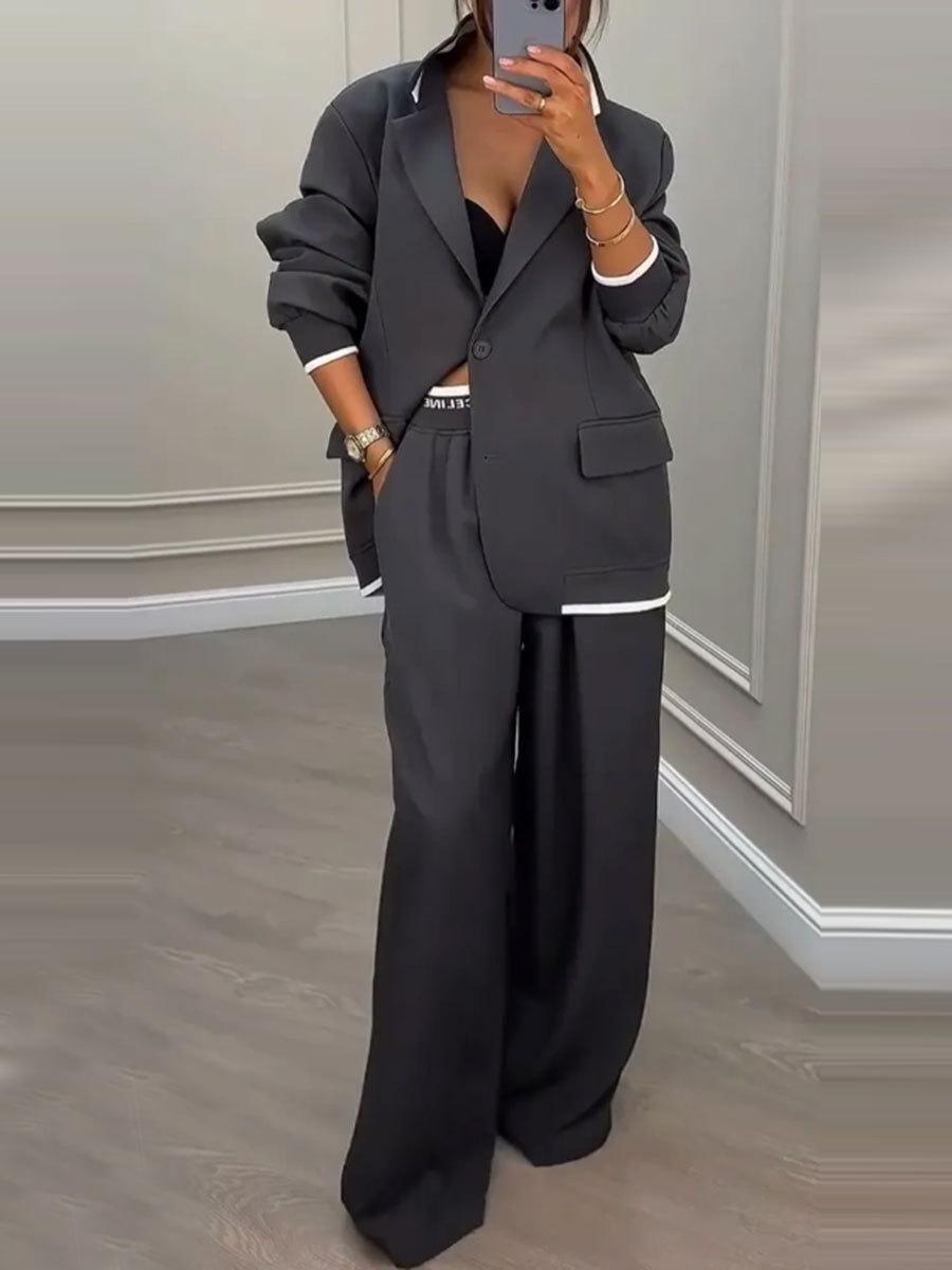 European And American Cross-Border 2026 Autumn And Winter New Women's Clothing Amazon Style Long-Sleeve Jacket Casual Wide-Leg Pants Suit Set