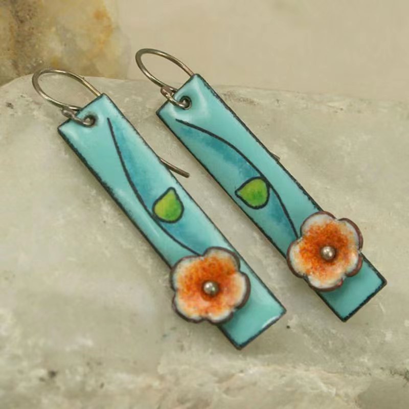 Boucles d'oreilles rectangulaires vintage à fleurs aquatiques en laiton argenté pour femme Botanical Boho Daily Fashion Jewelry