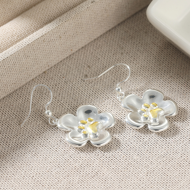 Cute Paw Flower Drop Earrings Silver Tone Brass Women Pet Daily Party Fashion Jewelry Elegant