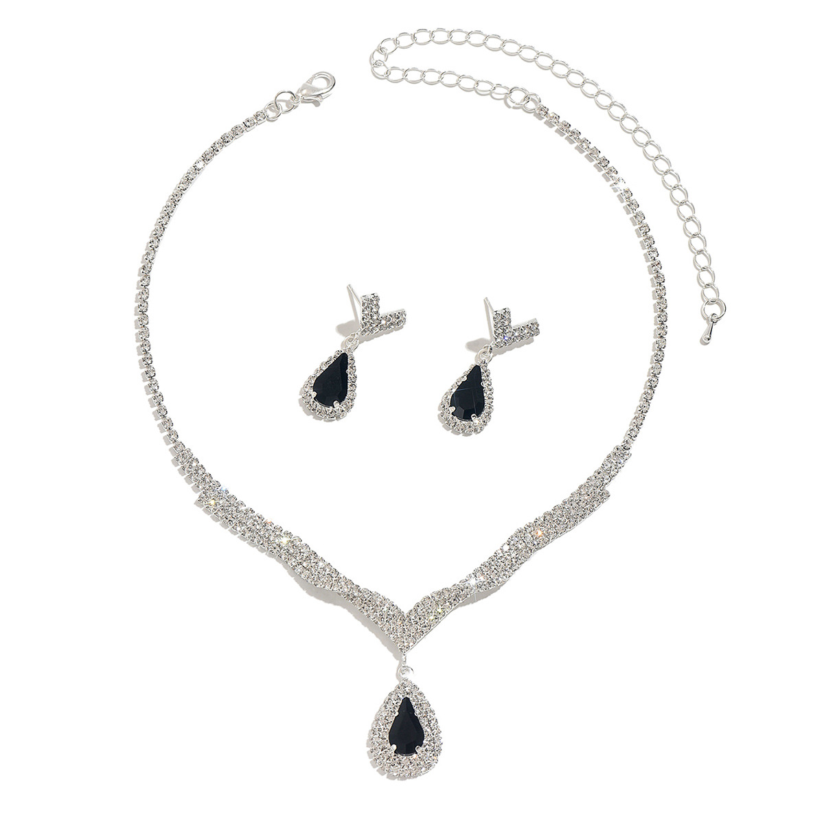 Women Simulated Black Spinel Double Halo Teardrop V Necklace Earring 2Pcs Jewelry Set