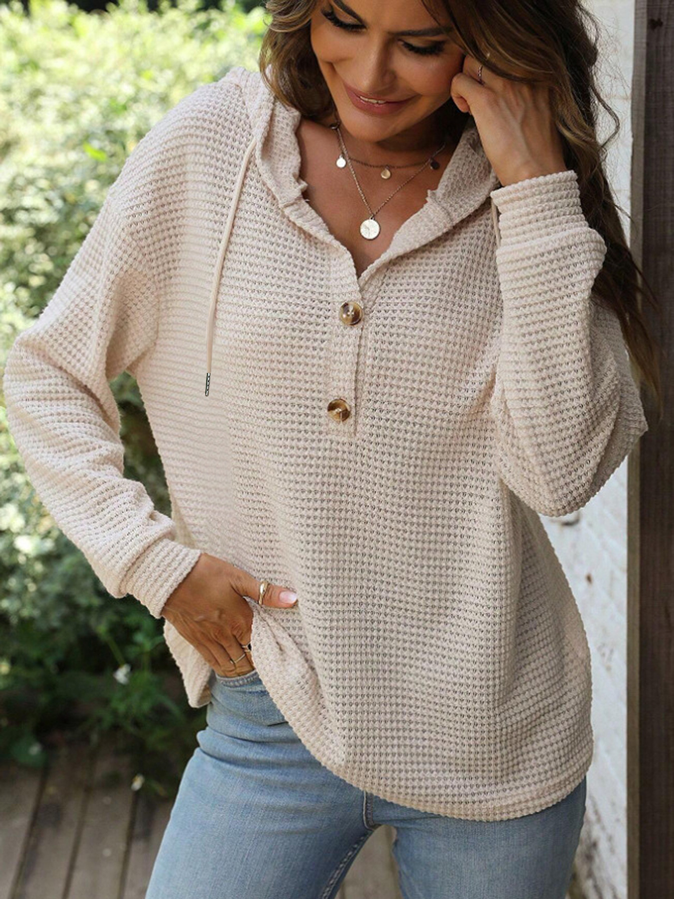 European And American Style New Fall And Winter Solid Color Hooded Button Loose Long-sleeve Sweatshirt For Women