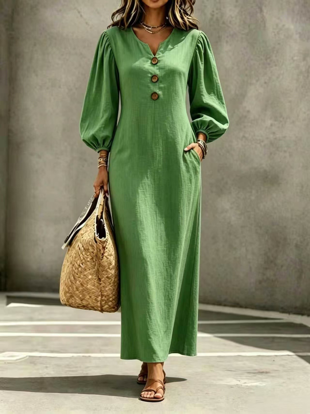 Women's European And American Style V-Neck Button Puff Sleeve Loose Casual Long Dress, Flattering And Belly-Covering, Perfect For Vacation