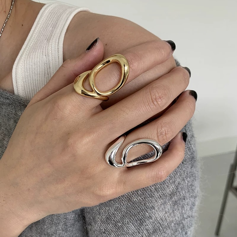 European American Style Unique Open Ring For Women, Geometric Exaggerated Hip Hop Punk Finger Band, Minimal Cold Tone Line Design Index Finger Jewelry 6