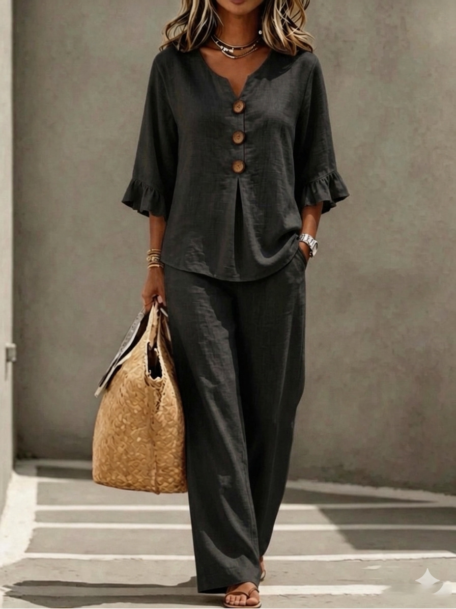 Women's matching top and pants set – black colorway smart casual look