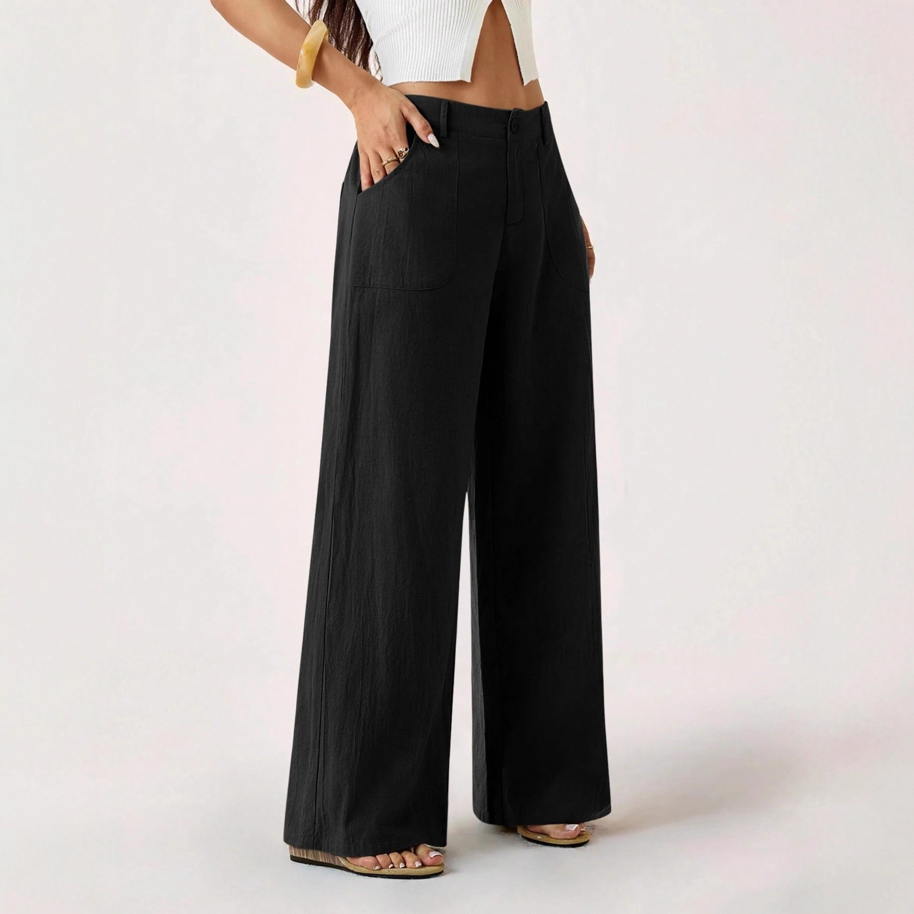 2026 New Style Women's Cotton Linen Wide Leg Pants, Mid Rise, Casual And Commuter Style, Solid Color With Pockets — image 13 of 17