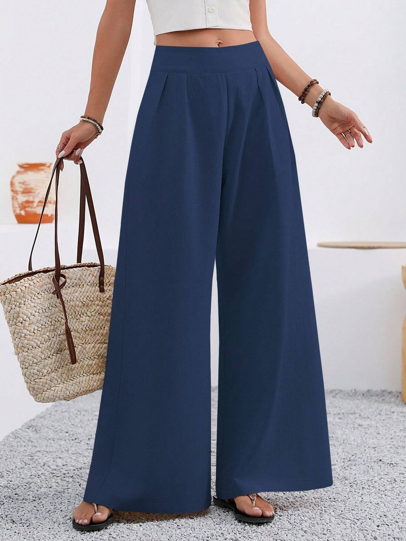 Pantalon large femme taille haute avec poches