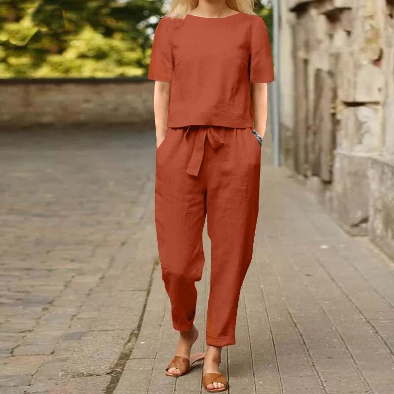 Women Summer Cotton Linen Two Piece Outfit Round Neck Short Sleeve Oversized Tunic Top Wide Leg Pants Vintage Casual Set
