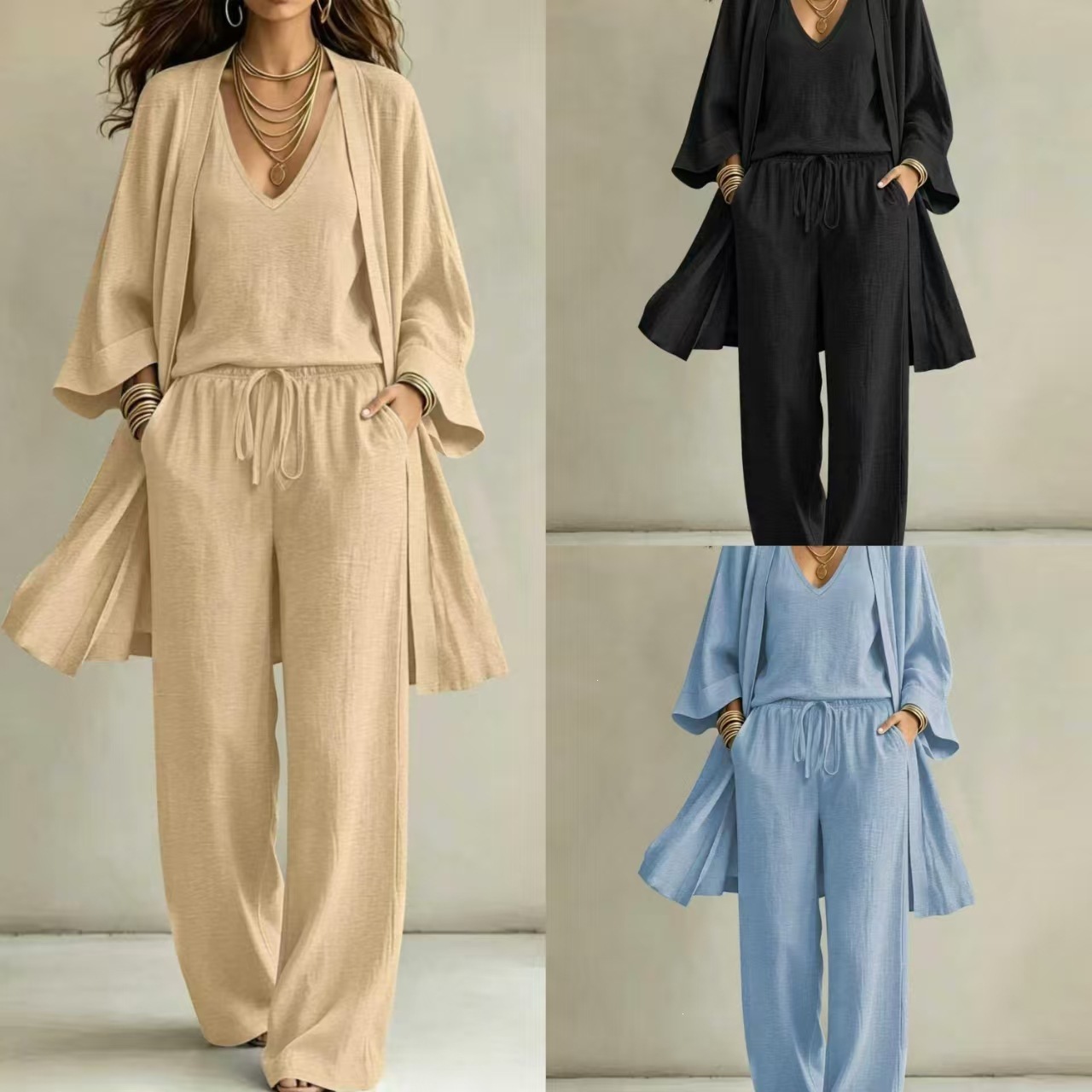 Women's Autumn Winter 3-Piece Set, Effortless Chic Solid Color Knit Cardigan, Tank Top & Wide-Leg Pants