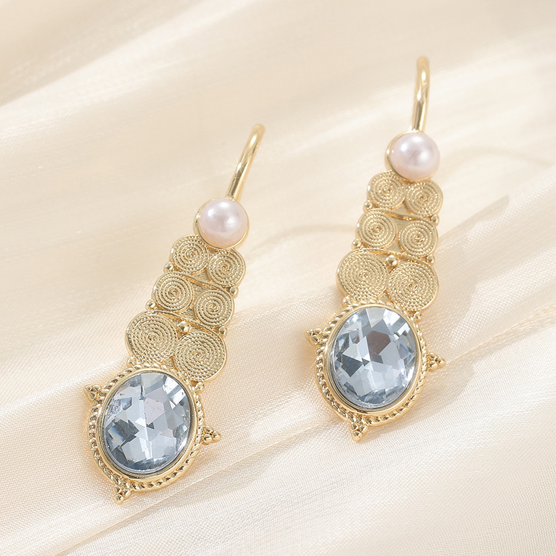 Vintage Pearl Filigree Crystal Drop Earrings Gold Tone Brass Women Elegant Party Fashion Jewelry Statement