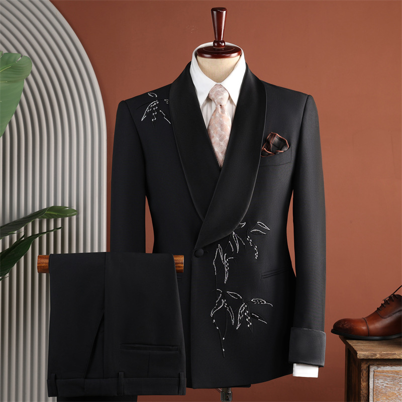 Men Black Shawl Lapel Bamboo-Embroidered Tuxedo Two-Piece Set