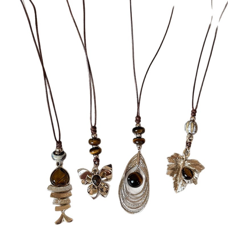 Maillard Vintage Tiger's Eye Stone Leaf Pendant Necklace For Women, Niche High Sense Elegant Delicate Versatile Sweater Chain Neck Jewelry 6