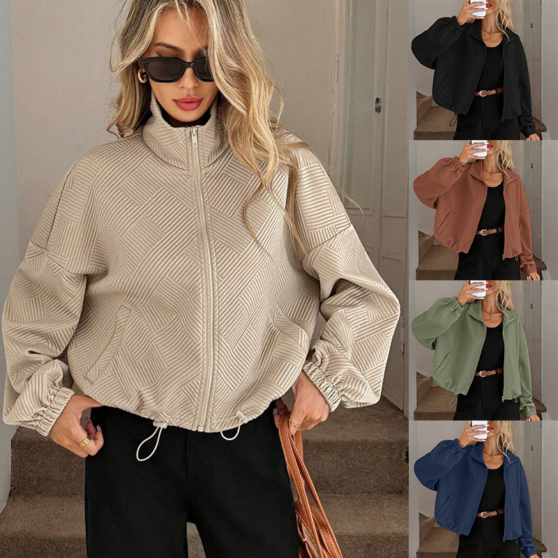 European And American Cross-Border Amazon 2025 Autumn And Winter High Collar Zipper Hem Drawstring Flap Pocket Pants Women's Loose Baseball Jacket