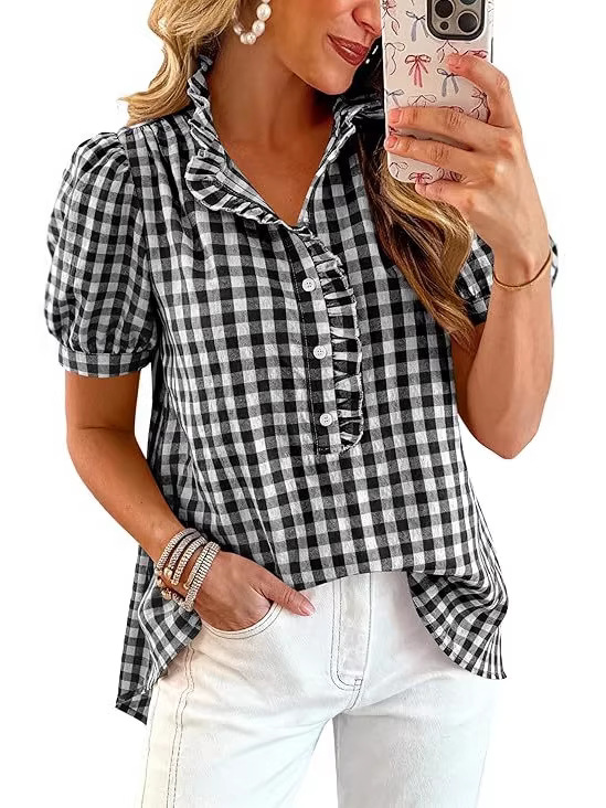 2026 Summer Tops Striped Plaid Ruffled Puff Short Sleeve V-Neck Buttoned Women's Casual Shirt