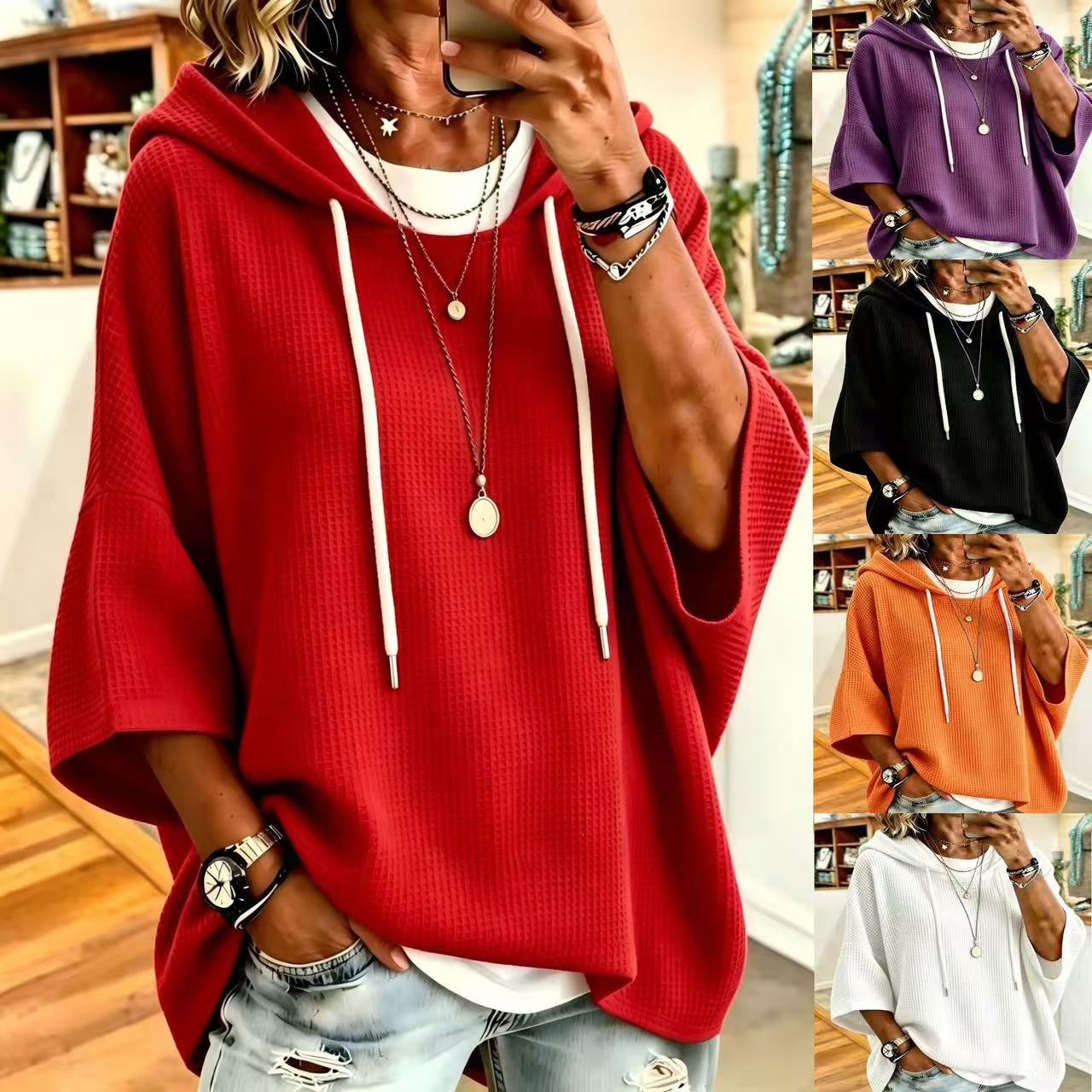 Women Casual Waffle Knit Hooded Tops Drawstring