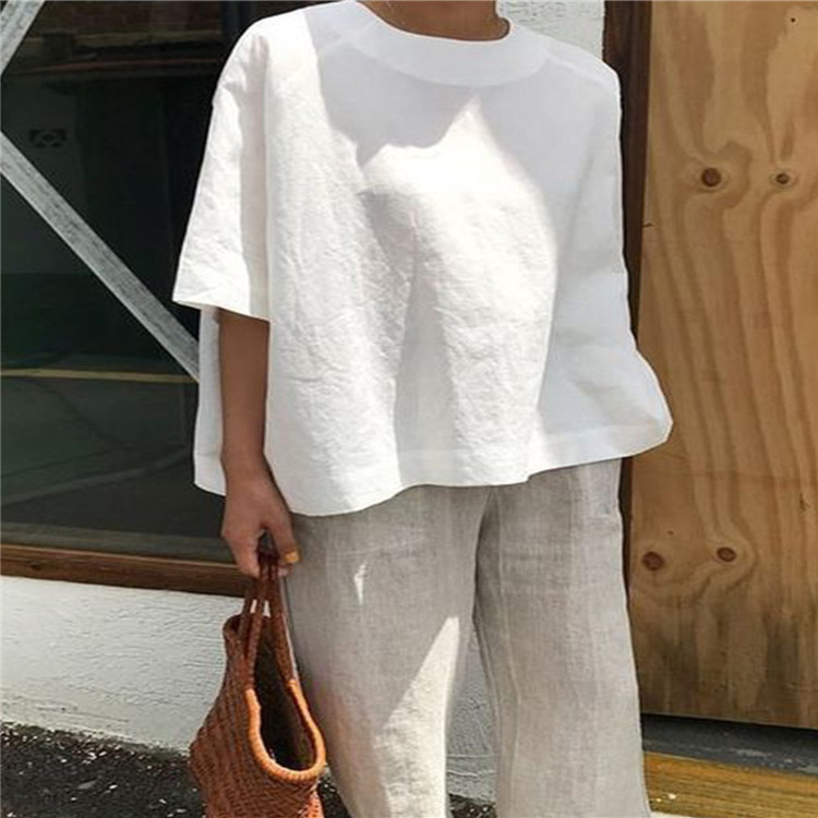 Solid Color Loose Round-neck Women's Shirt, European Style, Casual Style, Short Sleeve, Solid Color — image 4 of 10