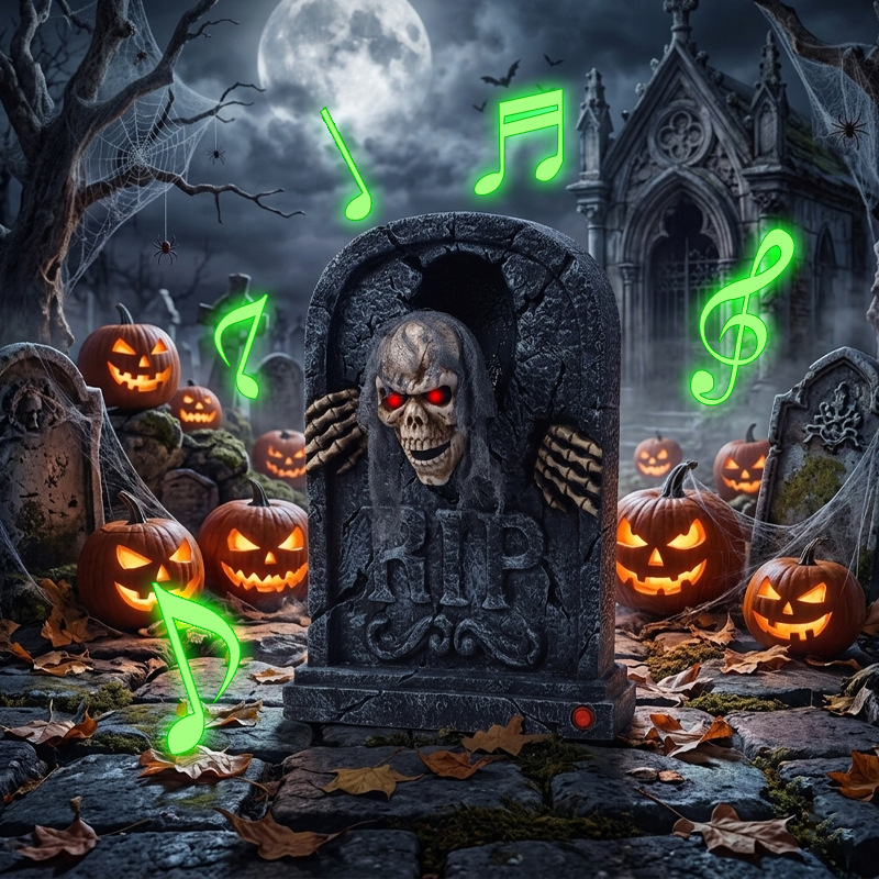 Halloween Creative Electric Tombstone With Swinging Skeleton, Glowing Lights, Sound, Scary Prank, Sensor-Activated, Moving Ghost House Prop