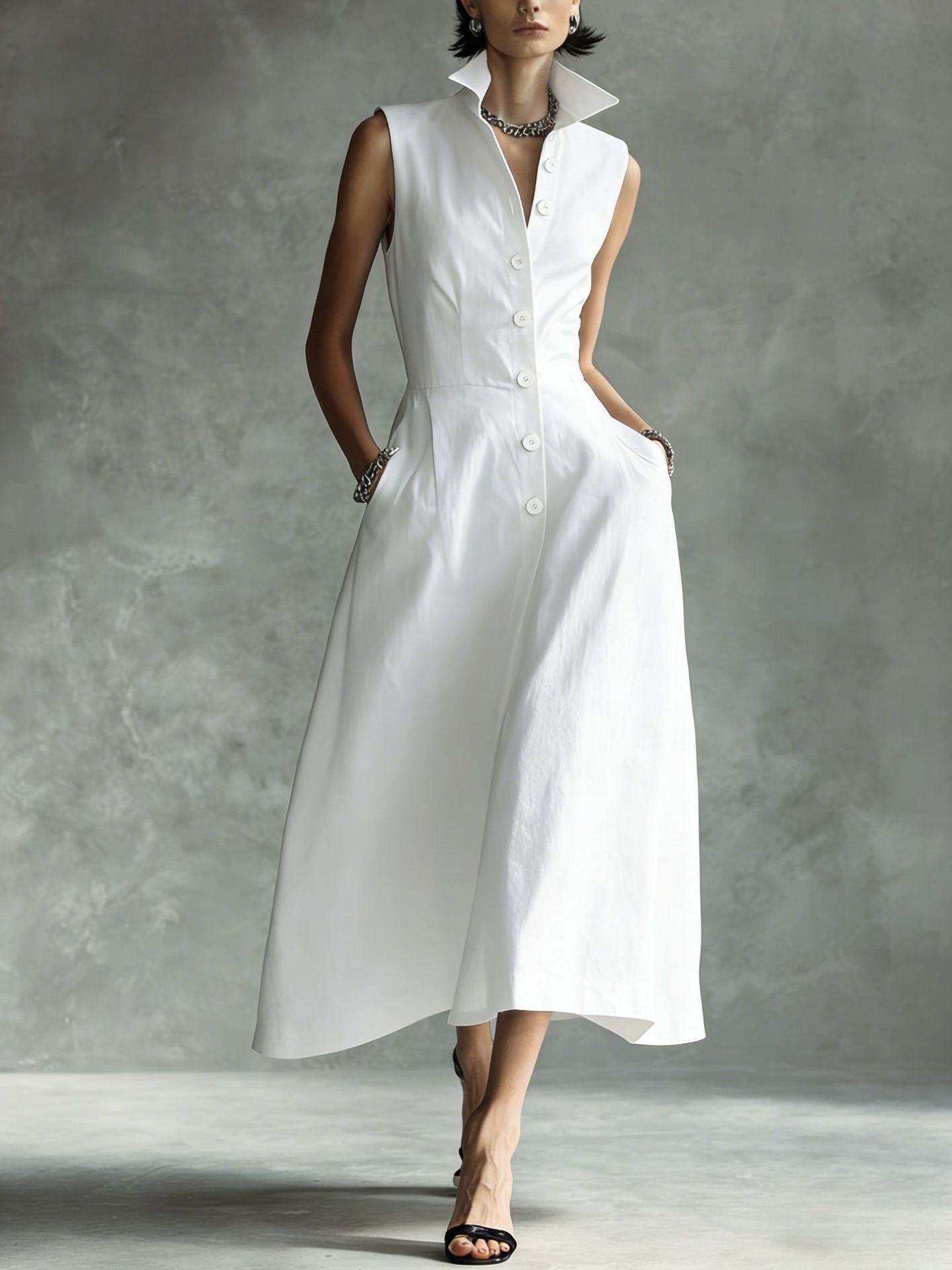 Site web independent transfrontalier european și american 2026 Vară Modă nouă Casual Stand-Collar Rochie elegantă cu nasturi la modă