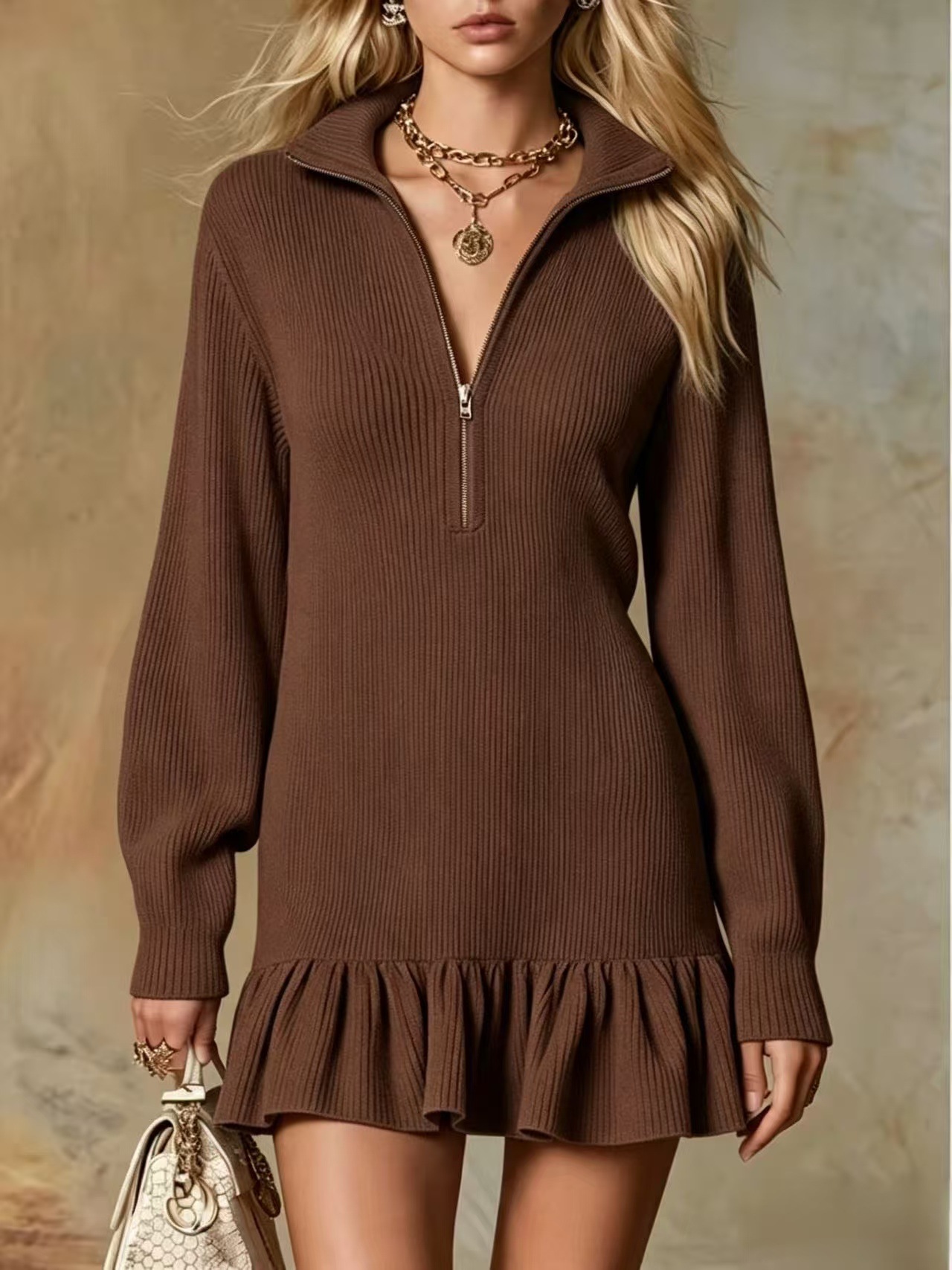 Robe femme côtelée à demi-zip et volant