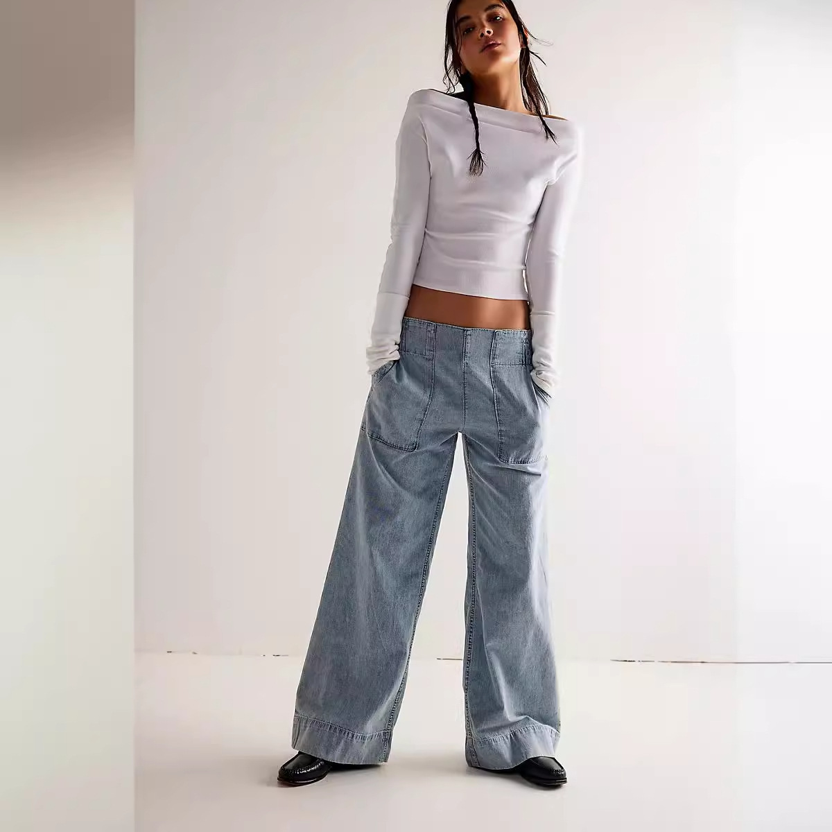 Tk Amazon European And American Women's Fashion Stylish Low-Waist Non-Stretch Denim Pants Trendy Loose Fit Slimming Elastic Waistband
