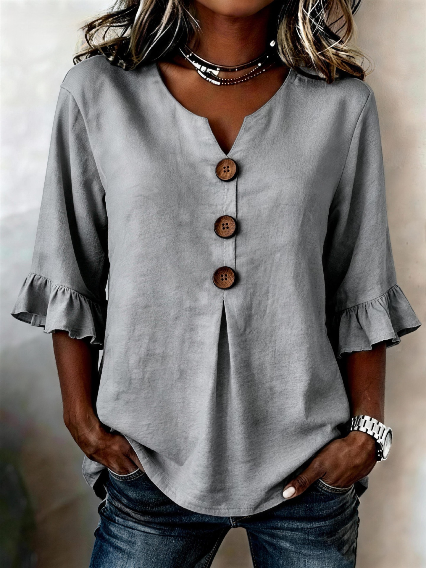 2026 Summer Women's V Neck Cotton Linen Button Up Shirt Solid Color Button Design Short Sleeve — image 14 of 15