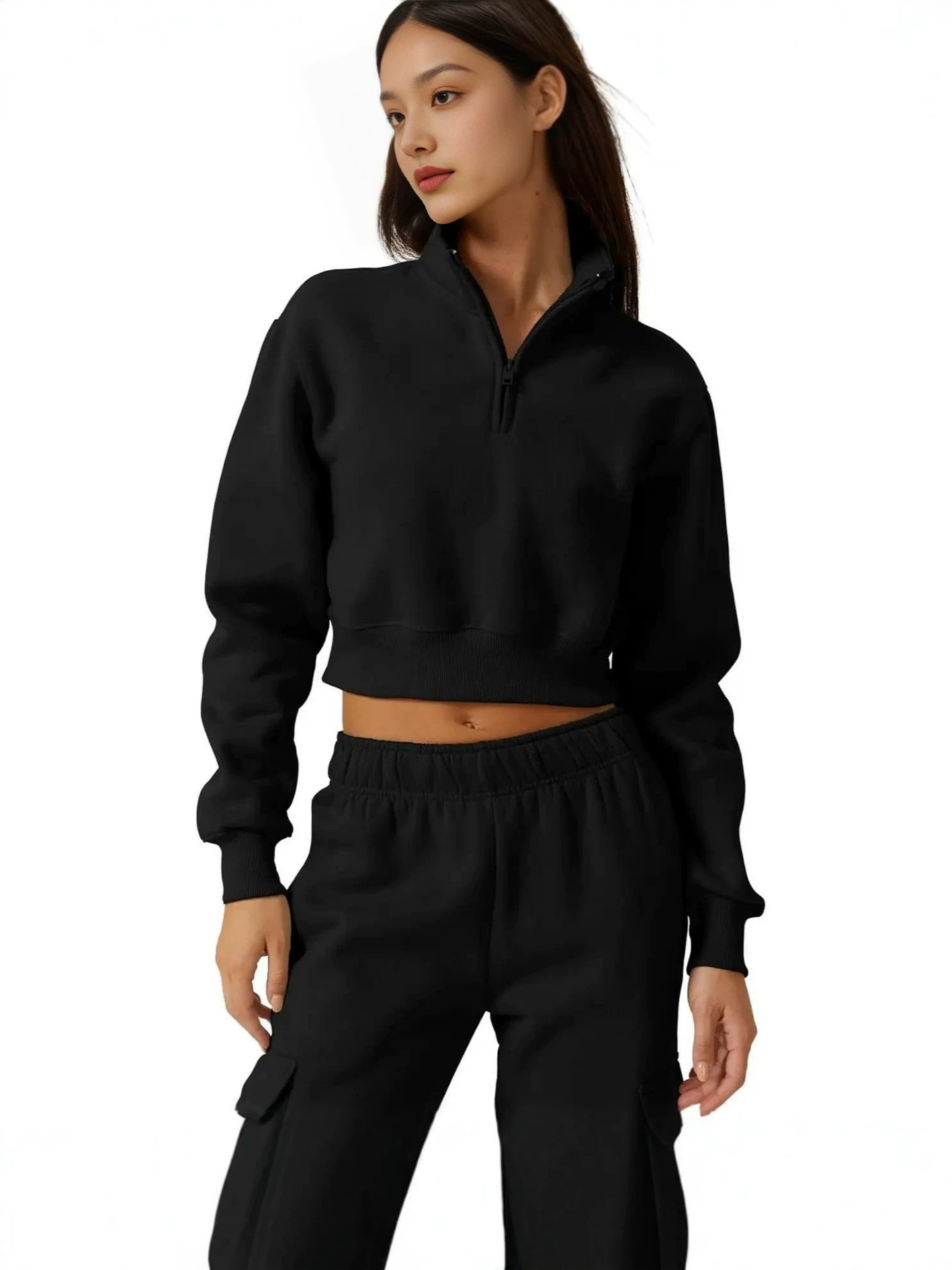 2026 Cross-border Exclusive Half-Zip Stand Collar Short Loose Cropped Sweatshirt High-Waisted Sporty Women's Two-Piece Set
