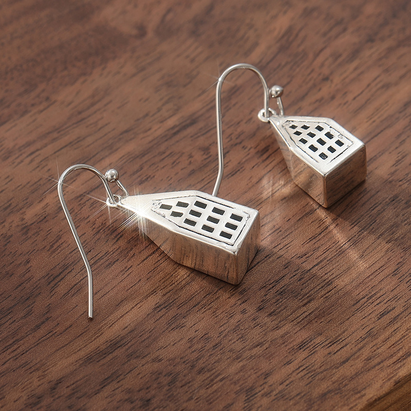 Vintage House Charm Drop Earrings Silver Tone