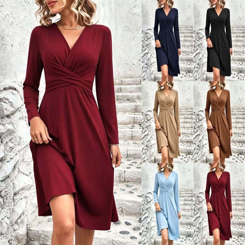2026 European And American Cross-border New Pure Color V-Neck Waist Cross Pleated Long Sleeve Mid-Length Long Dress Women's Dress