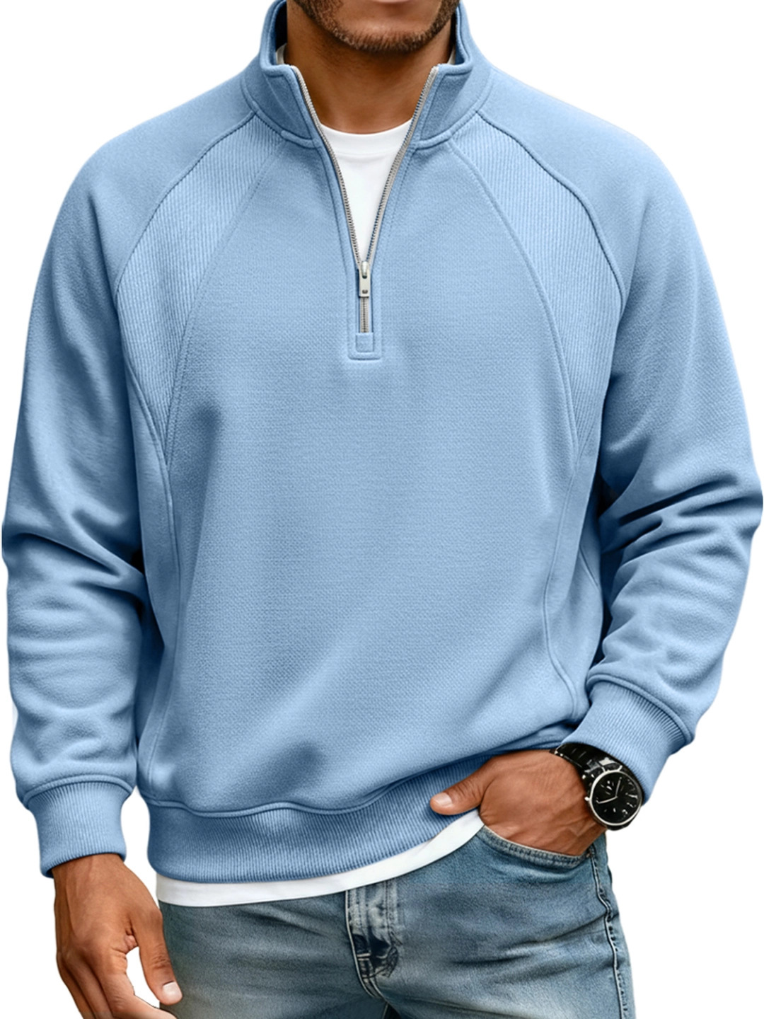 Amazon New Men's Jacket Half-Zip Stand-Up Collar Sweatshirt Men's T-Shirt Long-Sleeved Solid Color Splicing Loose Fit