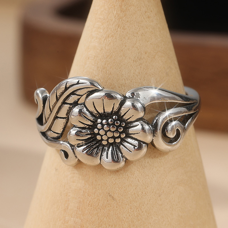 Vintage Floral Leaf Ring Silver Tone Brass Women Statement …