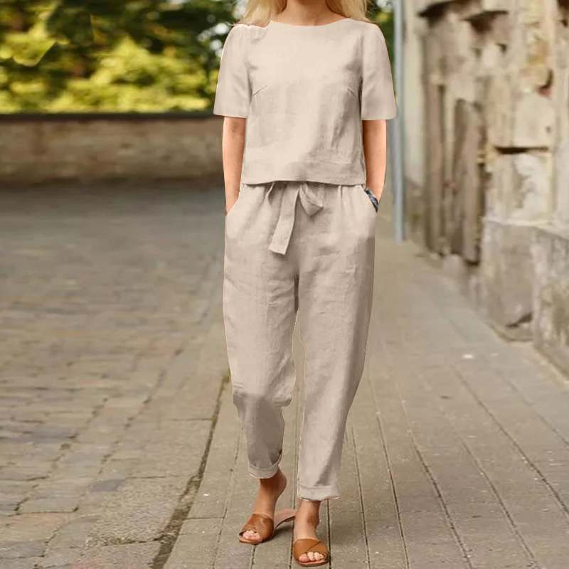 Women Summer Cotton Linen Two Piece Outfit Round Neck Short Sleeve Oversized Tunic Top Wide Leg Pants Vintage Casual Set