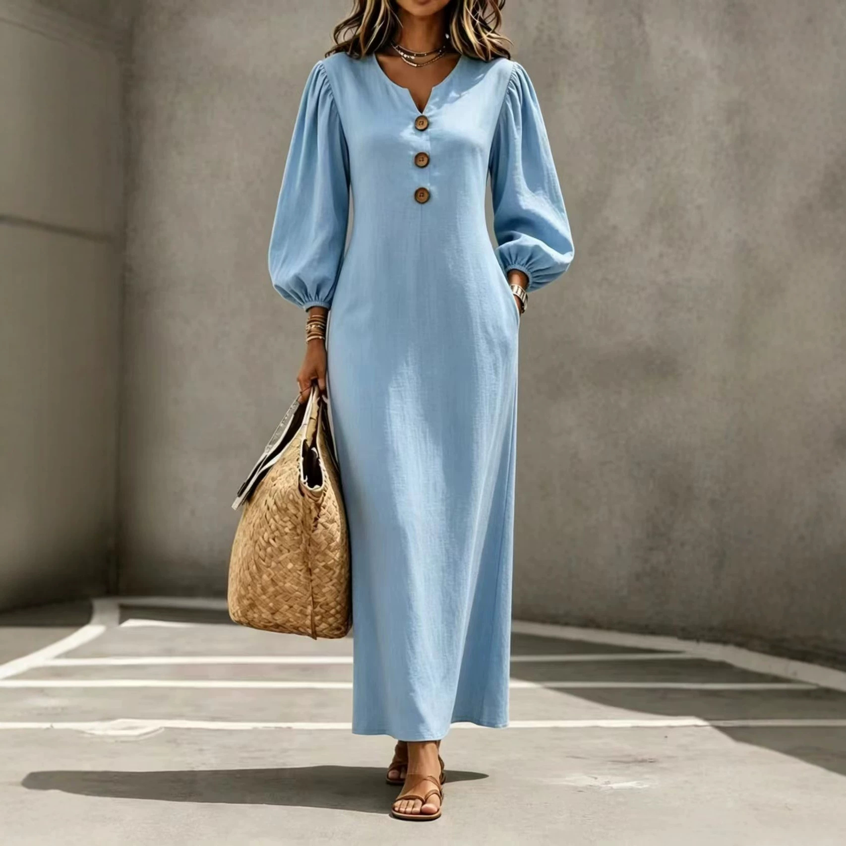 Women's European And American Style V-Neck Button Puff Sleeve Loose Casual Long Dress, Flattering And Belly-Covering, Perfect For Vacation