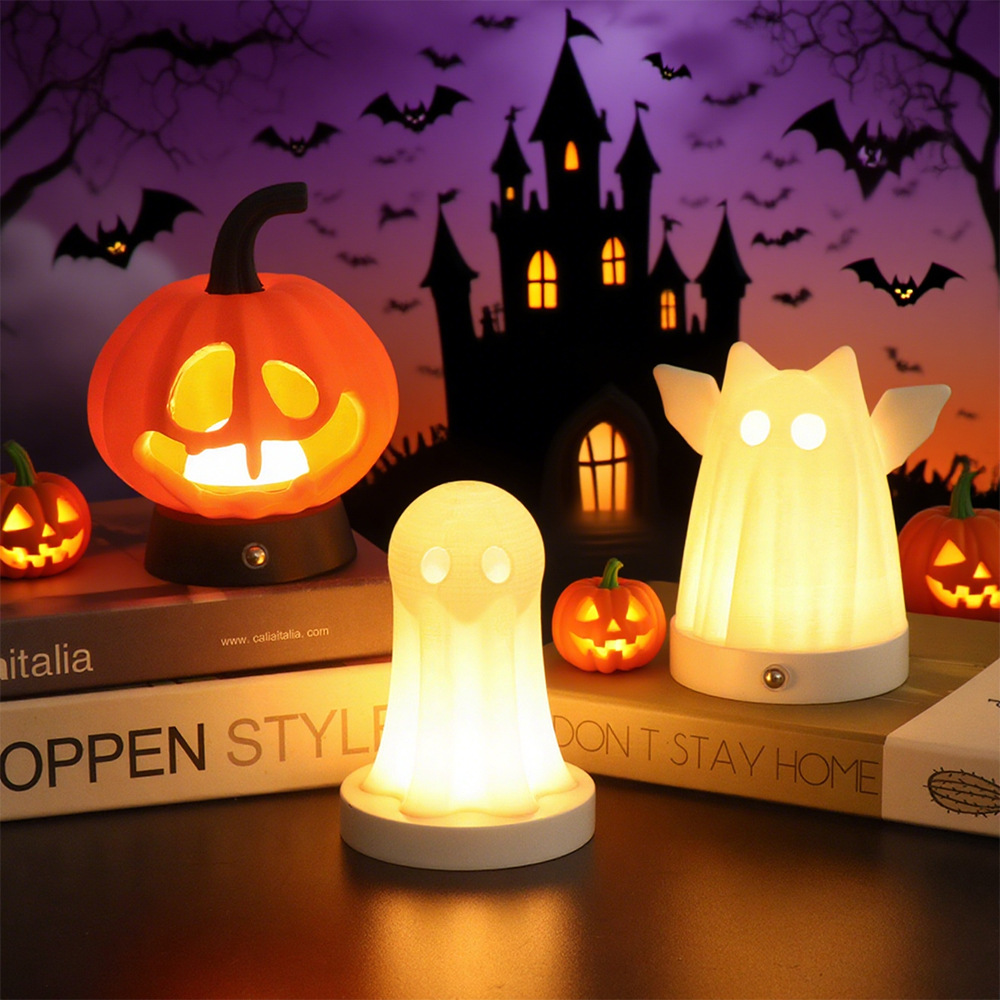 Halloween 3D Printed Ghost & Pumpkin Night Light, Cute Spooky LED Table Lamp, Warm Light Ambient Decor For Kids Bedroom, Halloween Party Home Decoration