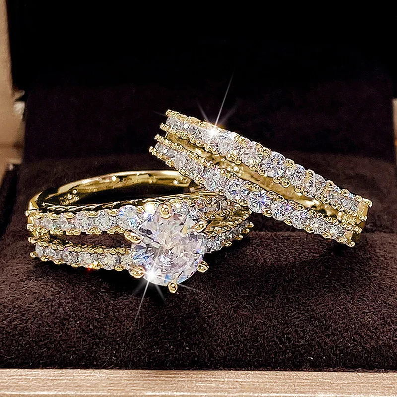 Huajie New Hollow Double Layer Zircon Engagement Ring Women's European And American Diamond Ring Wedding Dinner Bridal Ring Jewelry
