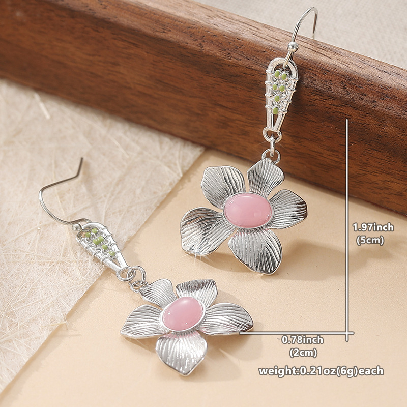 Pendants d'oreilles à fleurs rose poudré en laiton argenté pour femme vert cristal élégant bijoux de mode de fête botanique