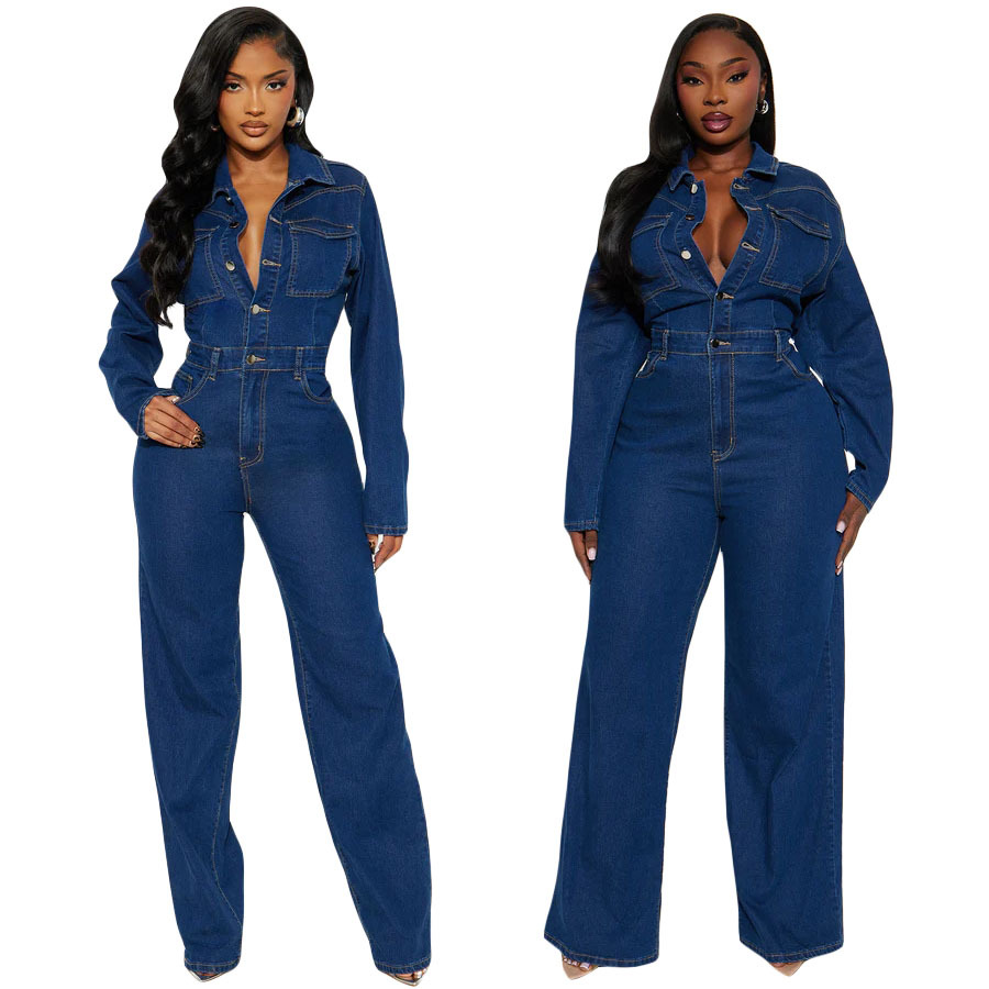 3587 Trade European And American Cross-Border Amazon Slim Stretch Flared Washed Long-Sleeve Denim Jumpsuit