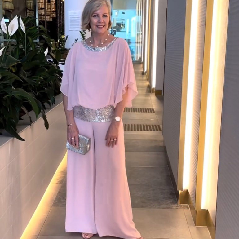 Cross-Border European And American 2024 New Suit Amazon Round Neck Sequin Color Matching Bat Shirt Wide Leg Pants Suit For Women Comfortable