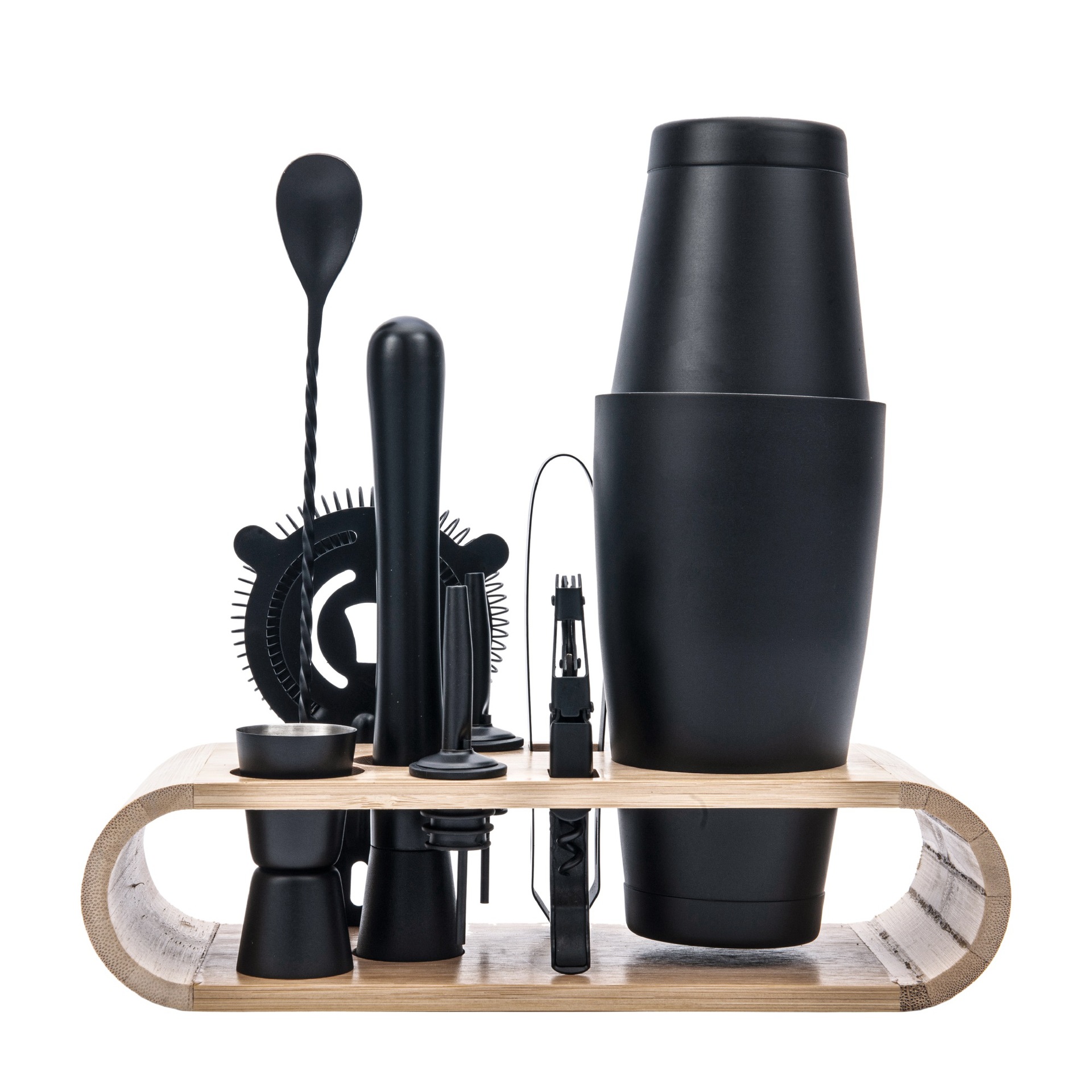 Double Bottom Boston Black 10Piece Cocktail Shaker Storage Rack Bar Cocktail Mixing Set