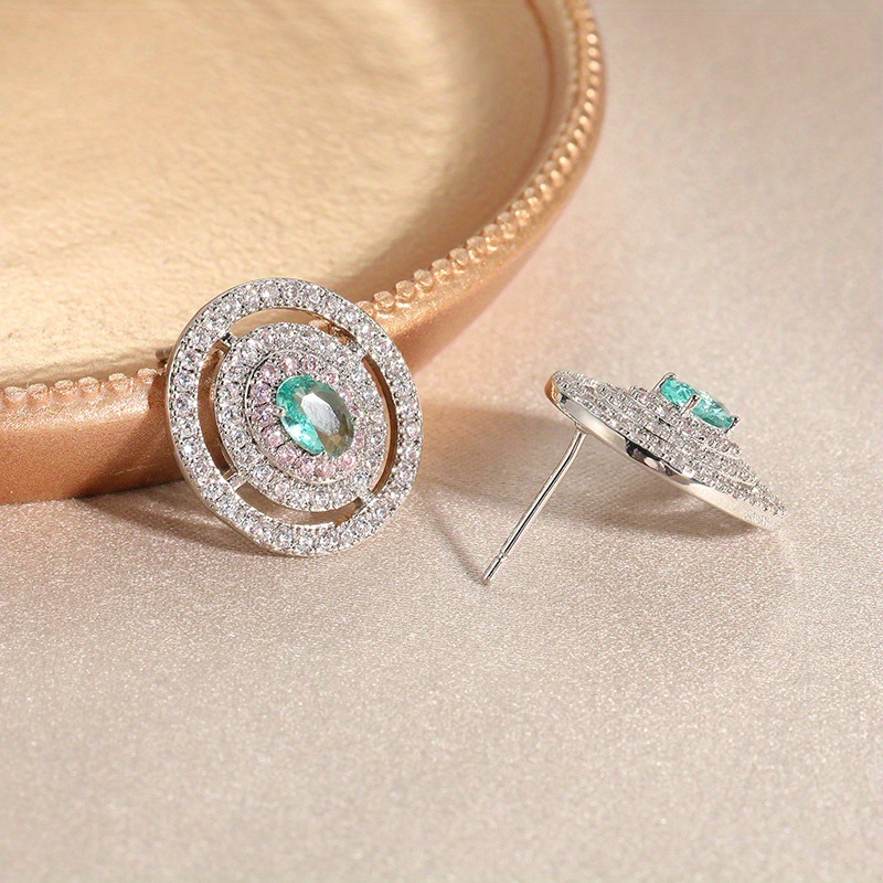 Green Oval Crystal Stud Earrings Brass Women Elegant Party Wedding Halo Geometric Sparkling Fashion Jewelry