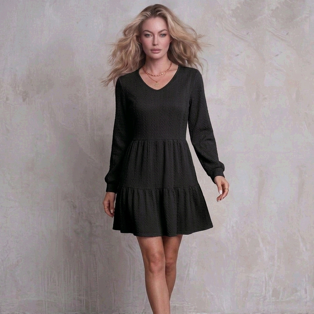 Women's V-neck Knit Dress, Solid Color With Small Cable Knit, Long-sleeve A-line Skirt, Elegant, Slim-fit Short Dress