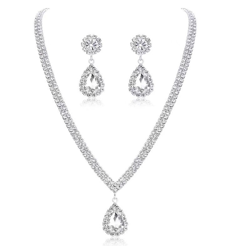 Amazon New European And American Jewelry Elegant Rhinestone Leaf Necklace Earrings Suit Dinner Dress Full Diamond