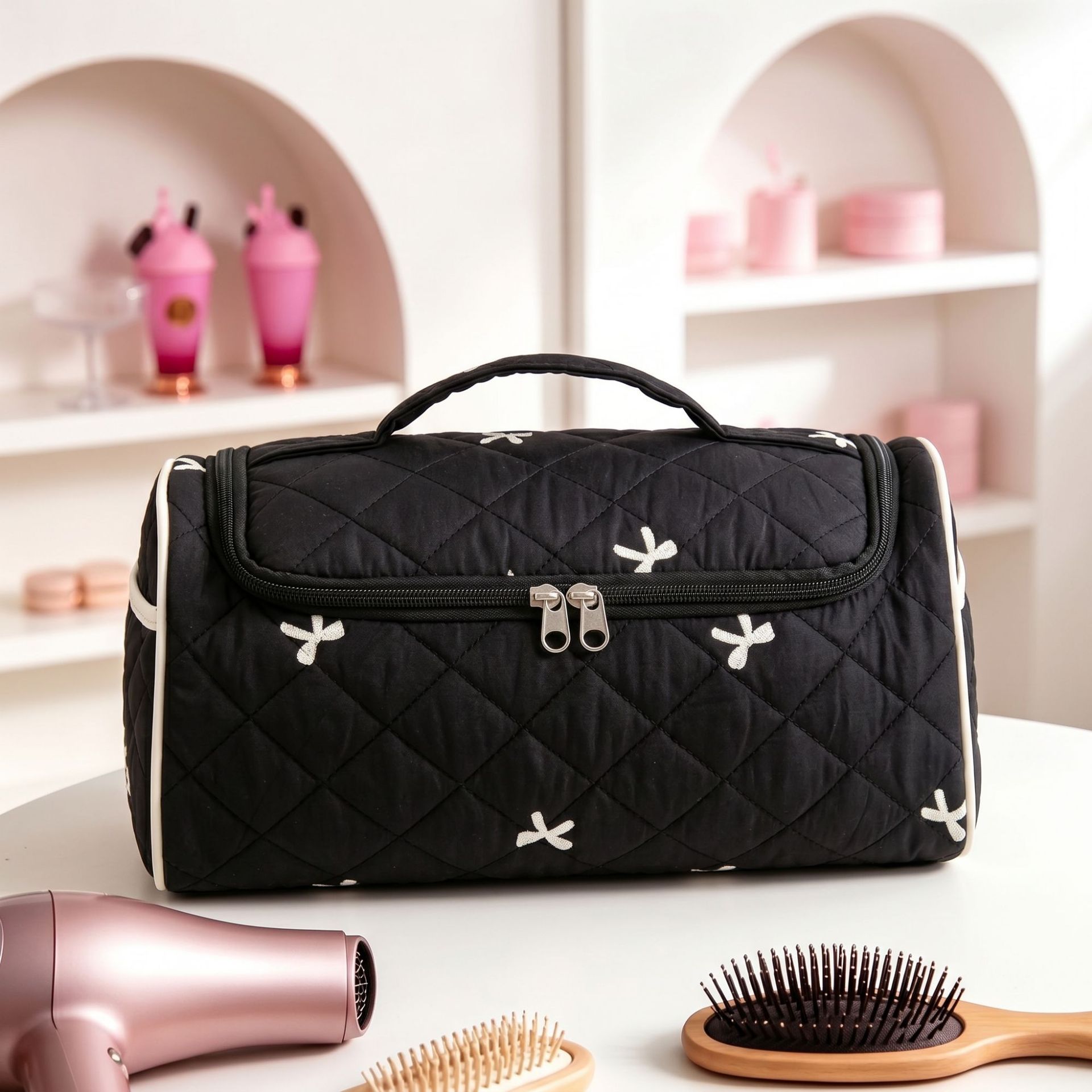 Large Capacity Hanging Travel Makeup Bag, Quilted Cotton Cosmetic Organizer With Multiple Compartments, Portable Toiletry Bag For Hair Dryer, Brushes & Skincare Products For Women