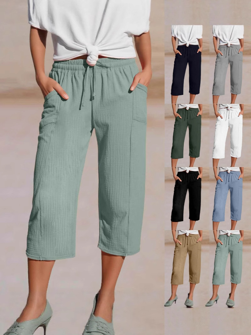 Women's Cotton Linen Solid Color Elastic Waist Pleated Cropped Pants